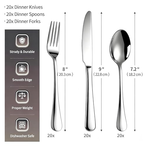 60 Piece Bulk Silverware Set for 20, Stainless Steel Heavy Forks Spoons and Knives Set, Mirror Finish Flatware Dishwasher Safe for Family Picnics Daily Gatherings - color: Silver