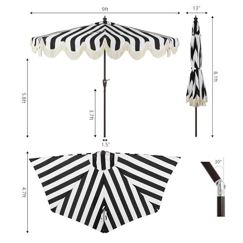 JONATHAN Y Half Umbrella UMB1201A Beverly 9 ft. Designer Classic Scalloped Fringe Market Patio with Crank, Push Button Tilt and UV Protection in Black/White - color: Black/White
