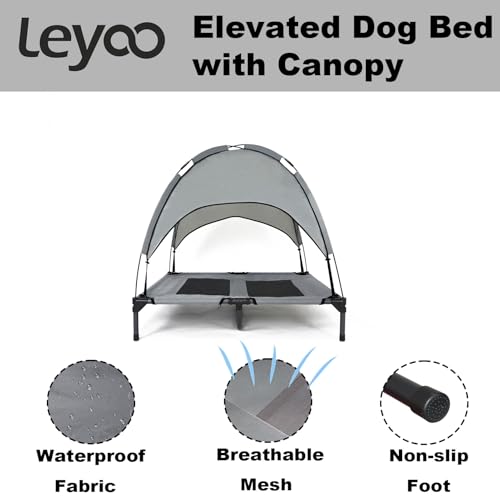 35 Inch Elevated Dog Bed with Canopy, Waterproof & Breathable Medium Cooling Dog Bed with Removable Shade Tent for Camping, Beach, Backyard, Grey