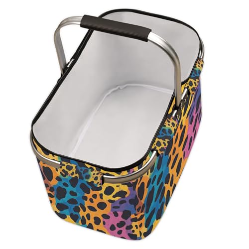 Colorful Leopard Print Picnic Basket Large Collapsible Market Baskets Portable Reuasble Shopping Bags with Handles for Camping Beach Travel - color: Orange