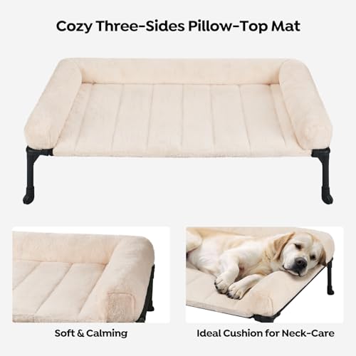 Veehoo Orthopedic Elevated Dog Bed with Fluffy Plush Bolster Cushion, Indoor Raised Dog Beds for Large Dogs, Soft Pet Sofa Cot with Removable Washable Mat, No-Slip Feet, 49 x 33 inches, Cream White - color: Cream White, size: 49.0"L x 33.0"W x 9.0"Th