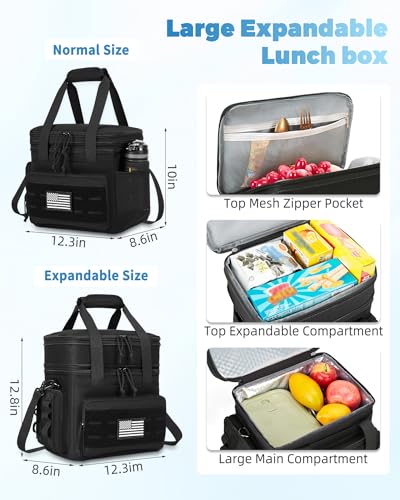 holuxer Tactical Lunch Bag & Lunch Box for Men - Large Double Deck Expandable Insulated Soft Adult Lunchbox for Work - Cooler Bag for Beach, Picnic, Camping,Outdoor，Travel (Black,16L) - color: Black, size: Large