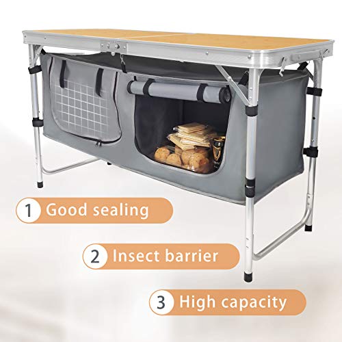 CampLand Outdoor Folding Table Aluminum Lightweight Height Adjustable with Storage Organizer for BBQ, Party, Camping - color: Bamboo