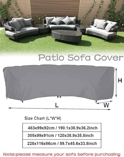 Curved Sofa Cover Outdoor Couch Sectional Protector Waterproof Half Moon Sofa Set Cover with Windproof Elastic Cord for Garden Lawn Indoor Grey (89.7x45.6x33.8in/228x116x86cm) - size: 89.7x45.6x33.8in/228x116x86cm