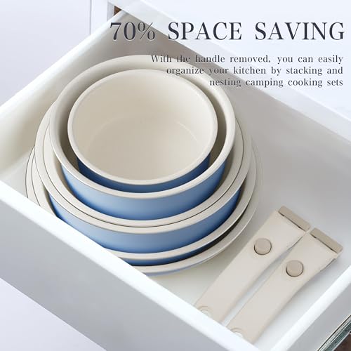 Pots and Pans Set - Ceramic Cookware Set Detachable Handle Pots and Pans With Removable Handles Kitchen Pans for Cooking Pot Set Nonstick Non Toxic Camping Cookware for RV Travel Gift - color: Blue