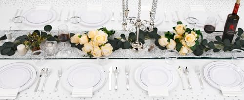 GATHER 176 Pieces Silver Plates - Disposable Silver Plastic Plates Includes 50 Plates, 75 Silverware, 25 Napkins, 25 Silver Rimmed Cups and 1 Tablecloth Perfect for Party & Weding - color: Silver, size: 25 Guests
