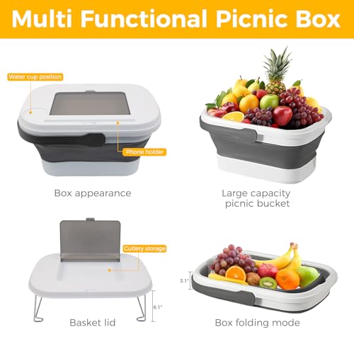 Picnic Basket Foldable Bucket with Lid and Handles, Portable Outdoor Storage Bucket, 18 Liters, Ideal for Camping、Outdoors and Car Trunks (White) - color: White