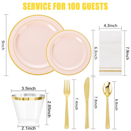 GATHER 700PCS Pink Plastic Plates - Gold Rim Disposable Plastic Dinnerware Set Include 200 Pink Plates, 300 Silverware, 100 Napkins, 100 Cups for Party & Wedding & Mother's Day - color: Pink, size: 100 Guests