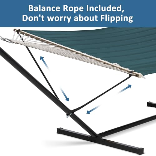 SUNCREAT Hammocks Extra Large Double Hammock with 12 ft Stand for Outside, 475lbs Capacity, Outdoor Portable Hammock with Hardwood Spreader Bar, Extra Large Pillow, Dark Green - color: Dark Green, size: 12 ft Stand