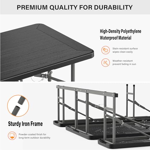 VINGLI Folding Picnic Table and Bench Set with Umbrella, Portable Outdoor Dining Furniture for Camping, Patio, Backyard, Wood Grain Plastic Top with Metal Frame (White) - color: Black, style: With Umbrella