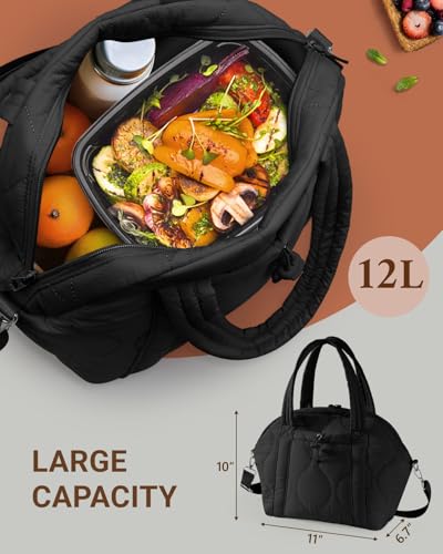 WONDAY Insulated Lunch Bags for Women, 12L Puffy Lunch Tote with Shoulder Strap, Waterproof, Leakproof, Reusable, Keeps Food Fresh, Perfect for Work, Travel, Picnic - color: Black