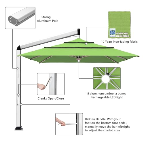 EliteShade USA Atlas 3-Tier 10x10FT Full Aluminum Cantilever Patio Umbrella for Outdoor Restaurant Garden Courtyard Deck Pool and Marketing with Light (No battery), Macaw Green - color: Macaw Green, style: 10FT Atlas