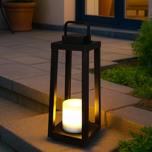H16 Modern Outdoor Solar Lantern Black Metal Frame with Flickering LED Candle Waterproof and Portable for Patio Deck or Pathway Decorative Sconce with Warm LED - size: H16"