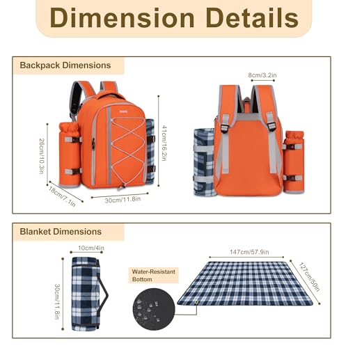 Picnic Backpack for 4 Persons with Insulated Leakproof Cooler Compartment, Cutlery Sets, Wine Holder, Fleece Blanket, Wedding Gifts for Couples, Perfect for Beach, Camping, Hiking, Orange - color: Orange, size: For 4 Persons