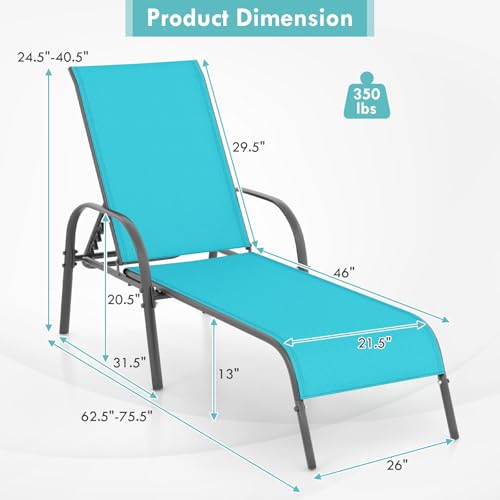 Giantex Patio Lounge Chair, Outdoor Chaise Lounge with 5 Adjustable Backrest, Sturdy Steel Frame, Sunbathing Recliner, Tanning Chair for Beach, Outside, Yard, Balcony, Pool Chairs (1,Turquoise) - color: Turquoise