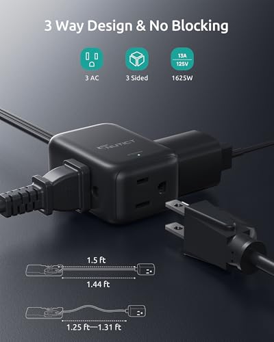 NUTICT 1.5FT Short Flat Extension Cord with 3 Outlets, Flat Wall Plug & Ultra-Thin Outlet Cover, 900J Surge Protection, 13A/1625W, ETL Listed, Black Outlet Extender Plug Behind TV, Couch, Furniture - color: Black, size: 1.5ft(3 Prong Plug), style: for Sta