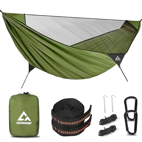 Camping Hammock with Mosquito Net – Portable Parachute Nylon Backpacking Hammock with Tree Straps, Camp Rope & Stake - for Hiking, Backpacking, Travel, Backyard, Beach – Holds Up to 500lbs (Green) - color: Green