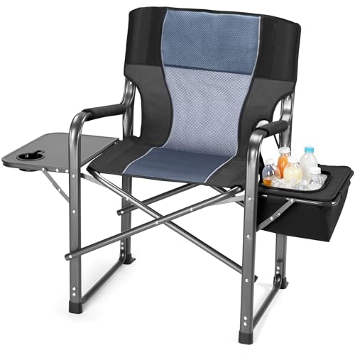 Fenbeli Oversized Folding Director Chair with Side Table and Cooler Bag - Portable Camping Chair with Cup Holder, Padded Armrests, 400LBS Capacity for Outdoor Camping, Lawn, Picnic (Black) - color: Black