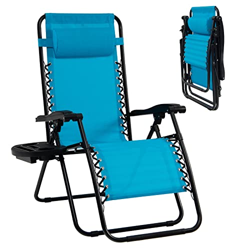 Goplus Zero Gravity Lounge Chairs, 160°Adjustable Folding Recliner w/Pillow and Cup Holder, 350LBS Comfy Outdoor Lounge Chairs for Patio, Lawn, Yard & Camp(1, Light Blue) - color: Light Blue, size: 35.4" x 25.2" x 43.3" (Set of 1)