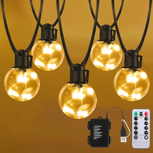 Outdoor String Lights Battery Powered, 20ft 15 G40 Warm White LED Bulbs Hanging Lights Dimmable with Timer, IP65 Waterproof Globe Bulb Shatterproof for Patio Backyard Balcony Christmas Decor - color: White, size: 20ft