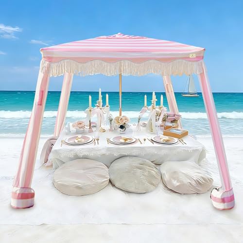 AMMSUN Beach Cabana with Fringe, 7' x 7' Boho Beach Canopy with Tassels, Easy Set up & Premium Wood Pole, Cabana Tent with Sand Pockets, Instant Sun Shade for Sand, Garden, Patio, Rose Stripes - color: Pink Rose Stripes