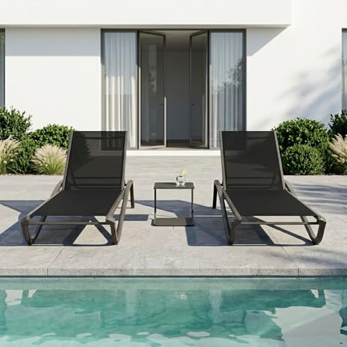 3-Piece Patio Chaise Lounge Set with Side Table, Set of 2 Adjustable Pool Chairs and Aluminum Bistro Table, All-Weather Outdoor Furniture for Pool Deck, Patio & Tanning, Black - color: Black, size: 3-piece Set: 2 Chairs + 1 Table