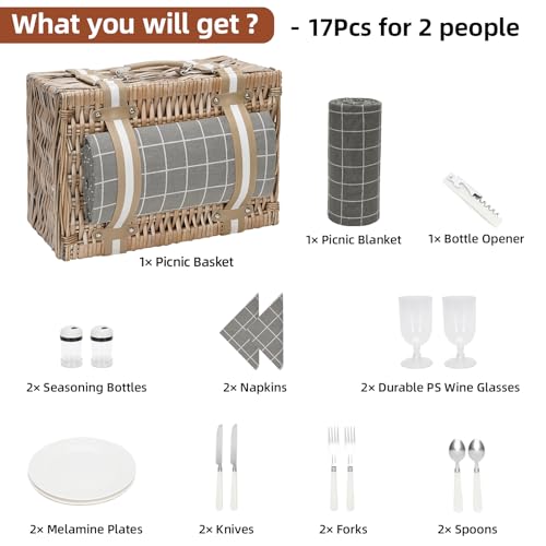 Wicker Picnic Basket for 2 - Willow Basket with Waterproof Picnic Blanket | Willow Picnic Set with Insulated Cooler | Wicker Hamper with Cutlery Kit | Gift Basket for Christmas, Thanks Giving, Grey - color: Grey Check
