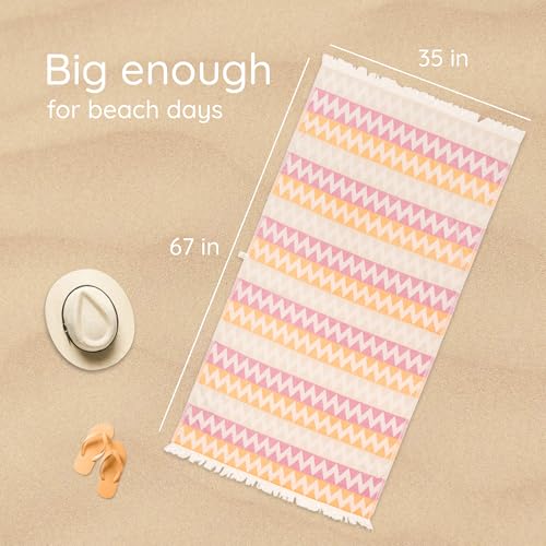 Turkish Beach Towel (35”x67”) – 100% Cotton Quick Dry, Lightweight Oversized Beach Towel for Pool & Travel – Zig Zag Orange Color - color: Fuchsia Orange Beige