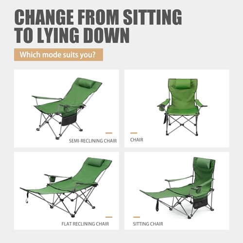 Reclining Camping Chair with Removable Footrest, Adjustable Camping Lounge Beach Chair with Padded Headrest, Cup Holder & Carry Bag, Camp Chair with Foot Rest Lawn Chair for Outdoor Patio,Green - color: Green