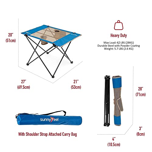 SUNNYFEEL Outdoor Folding Table | Lightweight Mesh Compact Camping Table, Roll Up Top 2 People Portable Camp Tables with Carry Bag for Picnic/Cooking/Beach/Travel/BBQ - color: Mesh-blue-1set