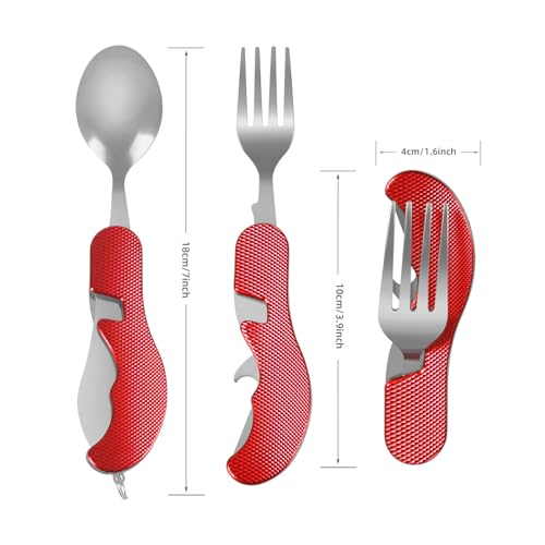 Leeko 4 in 1 Stainless Steel Portable Outdoor Pocket Knife Fork Spoon Diner Set Multi-function Tableware for Camping Hunting - color: Red