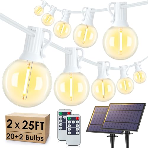 Larkvue 50FT(2x25FT) Solar String Lights Outdoor with Remote, Waterproof Dimmable 3 Modes Patio Lights with 20+2 LED G40 Bulbs for Party Bistro-White - color: White