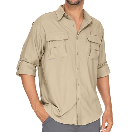 Mens Safari Shirts Long Sleeve UV Protection Hiking Fishing UPF 50+ Quick Dry Camping Travel Shirts - color: Khaki, size: Small