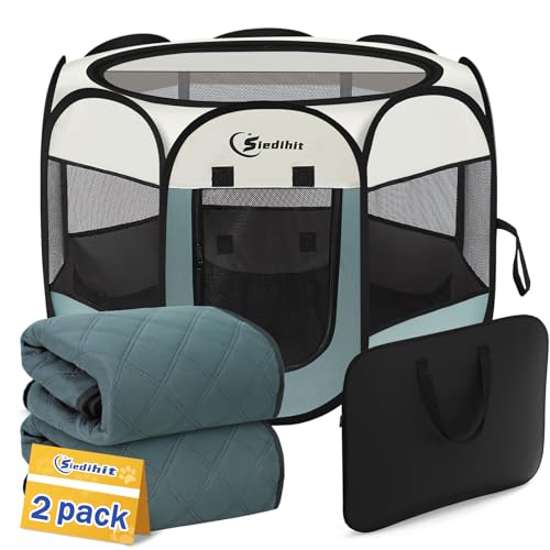 Siedihit Dog Playpen with 2 Washable Pee Pad, Puppy Pet Cat Playpen Small AnimalsTent Crate Indoor/Outdoor, Portable Pop Up Kennel with Carrying Case(Grey with 2 Pads, Small) - color: Grey with 2 Pads