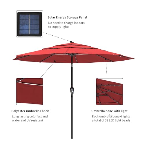 Boyel Living 11ft Patio Umbrella with Solar LED lights Outdoor Umbrella with Tilt Outdoor Large Table Market Umbrella for Poolside Deck Garden Backyard - color: Red
