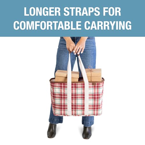 CleverMade Collapsible LUXE Tote, 30L Foldable Grocery Shopping Bag, Reusable - color: Red Checker