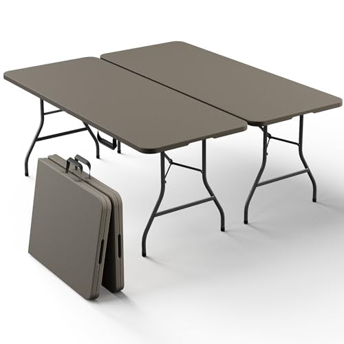 2 Pack Folding Table 6ft - Heavy Duty Plastic Table with Handle, Foldable & Portable, Fold-in-Half Utility Tables for Outdoor, Dining, Wedding, Events, Indoor, Picnic, Camping, Party (Khaki) - color: Khaki, size: 6FT-2pack