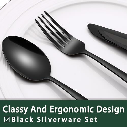 EWFEN 24-Piece Black Silverware Set with Steak Knives, Black Flatware Set for 4, Food-Grade Stainless Steel Tableware Cutlery Set, Mirror Finished Utensil Sets for Home Restaurant, Heavy Duty - style: Heavy Duty