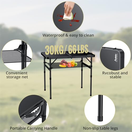 Anbte Folding Camping Table, 36" x 24" Portable Table Adjustable Height Max 28 inch Aluminum Folding Table with Storage Net, Lightweight, Portable Handle for Travel, Outdoor, Backyard (Black) - color: Pure Black, size: 36"L x 24"W x 27.5H"