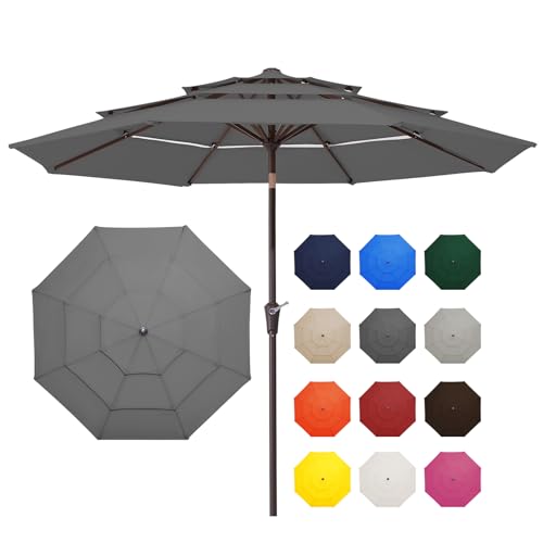 JEAREY 9FT 3 Tier Patio Umbrella Outdoor Market Umbrella Table Umbrellas with 8 Ribs 1.5 Pole Push Button Tilt and Crank UV Protection for Garden,Backyard,Gray - color: Gray
