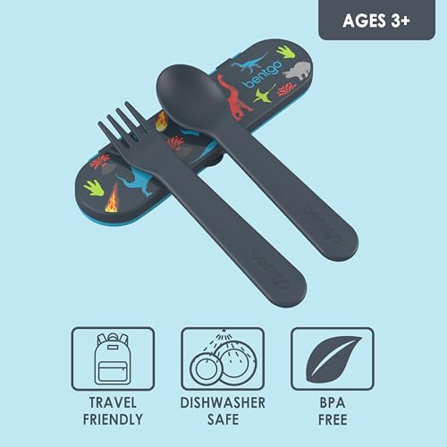 Bentgo Kids Utensil Set - Reusable Plastic Fork, Spoon & Storage Case - BPA-Free Materials, Easy-Grip Handles, Dishwasher Safe - Ideal for School Lunch, Travel, & Outdoors (Dinosaur) - color: Dino