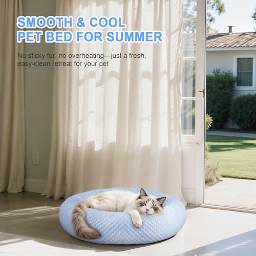 Small Donut Dog Bed - Cooling Calming Cuddler for Cats & Puppies, Anti-Anxiety Ice Fabric Round Pet Bed, Washable Comfort Dog Bed for Small Dogs, Egg Tart Design (S) - color: Blue Donut, size: Small
