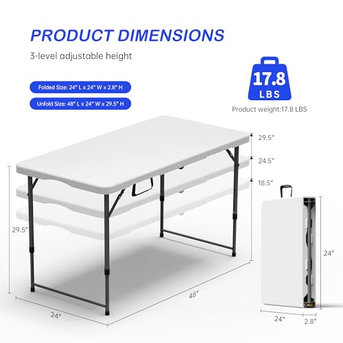 VSOAEIL Folding Table 4 Foot for Indoor Outdoor, Portable Heavy Duty Fold-in-Half Utility Small Plastic Adjustable Height Folding with Carrying Handle for Picnic and Party, White - color: White, size: 4 Ft - 1 Pack