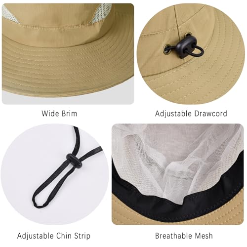 ZOORON Sun Hats for Men Women, Wide Brim Safari Hats UV Protection UPF50+ Waterproof Boonie Hats for Fishing Hiking Camping - color: 2pack-khaki+gray