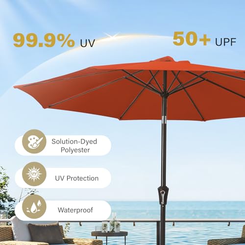 MEWAY 9ft Patio Umbrella Outdoor Table Umbrellas with Push Button Tilt and Crank, Market Umbrella 8 Sturdy Ribs for Deck, Garden, Pool and Backyard, Orange - color: Orange, size: 9ft