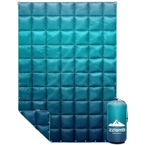 zzlamb Camping Blanket for Cold Weather,Outdoor Puffy Blanket Portable Down Alternative,Windproof Warm Cloak with Snaps,Cozy Quilt Backpacking Picnic RV Travel Plane Car Hammock Beach Climbing - color: Lake Blue Fade, size: 52x75in