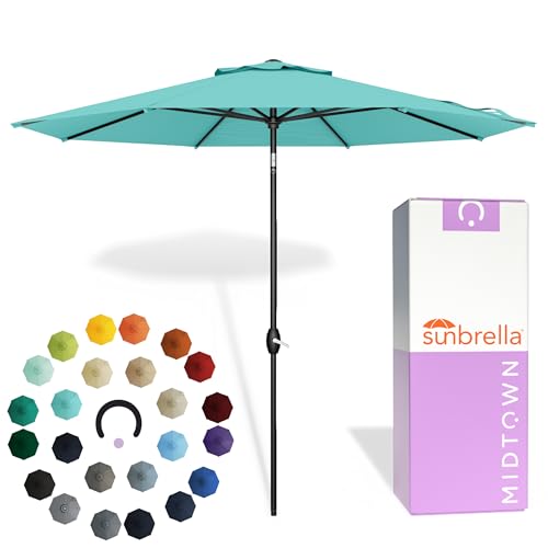 Midtown Umbrellas - The Lean 9 Ft Patio Umbrella with Fade-Resistant Sunbrella Fabric, Auto-Tilt Aluminum Frame and 8 Reinforced Ribs for Deck, Pool & Garden - Aruba Canopy, Black Pole - color: Sunbrella Aruba, size: 9 Feet