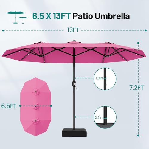 AreShark 13 FT Patio Umbrella with Solar Lights, Double-Sided Outdoor Table Umbrellas with Crank, Large Rectangular Market Umbrella for Porch, Lawn, Pool, Backyard, Rose Pink - color: Rose Pink, size: 6.5x13 Ft