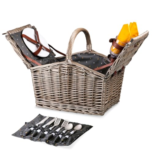 PICNIC TIME Piccadilly Picnic Basket for 2, Romantic Vintage English-Style Wooden Basket, Complete Deluxe Service for Two with Fully-lined Interior and Double-lid Design, (Anthology Collection) - color: Gray