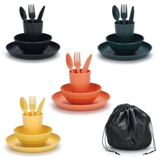 Camping Mess Kit for 4 with Bowl, Plate, Cup, Spoon, Fork, Knife and Carry Bag, Plastic Camping Accessories Essentials Gear for Travel, Picnic, Outdoor, Easy to Carry & Store